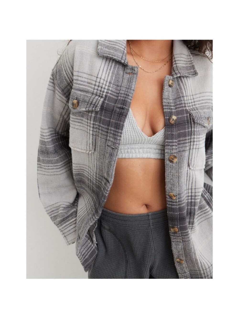 AERIE Woven Soft Shacket Silver Shadow Flannel - Picture 2 of 9
